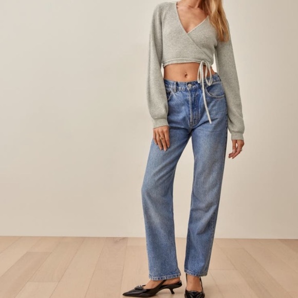 Reformation Remus Cashmere Light Grey Wrap Crop Ribbed Sweater Size Large NWT - Picture 7 of 15